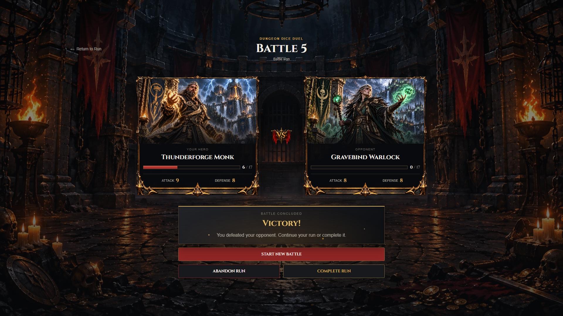 Dungeon Dice Duel battle screen displaying a victory outcome.