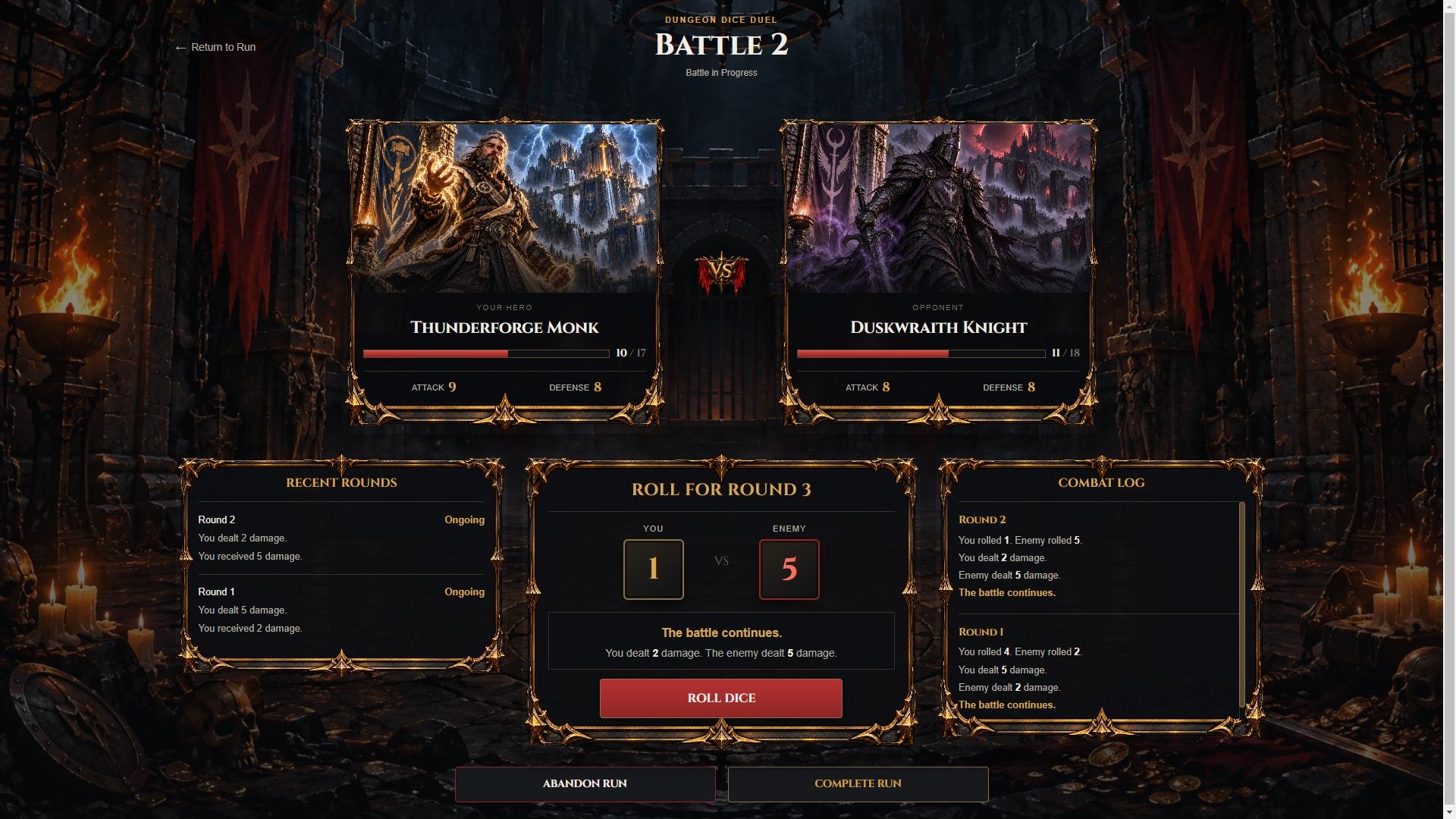 Dungeon Dice Duel battle screen showing combatants and battle controls.