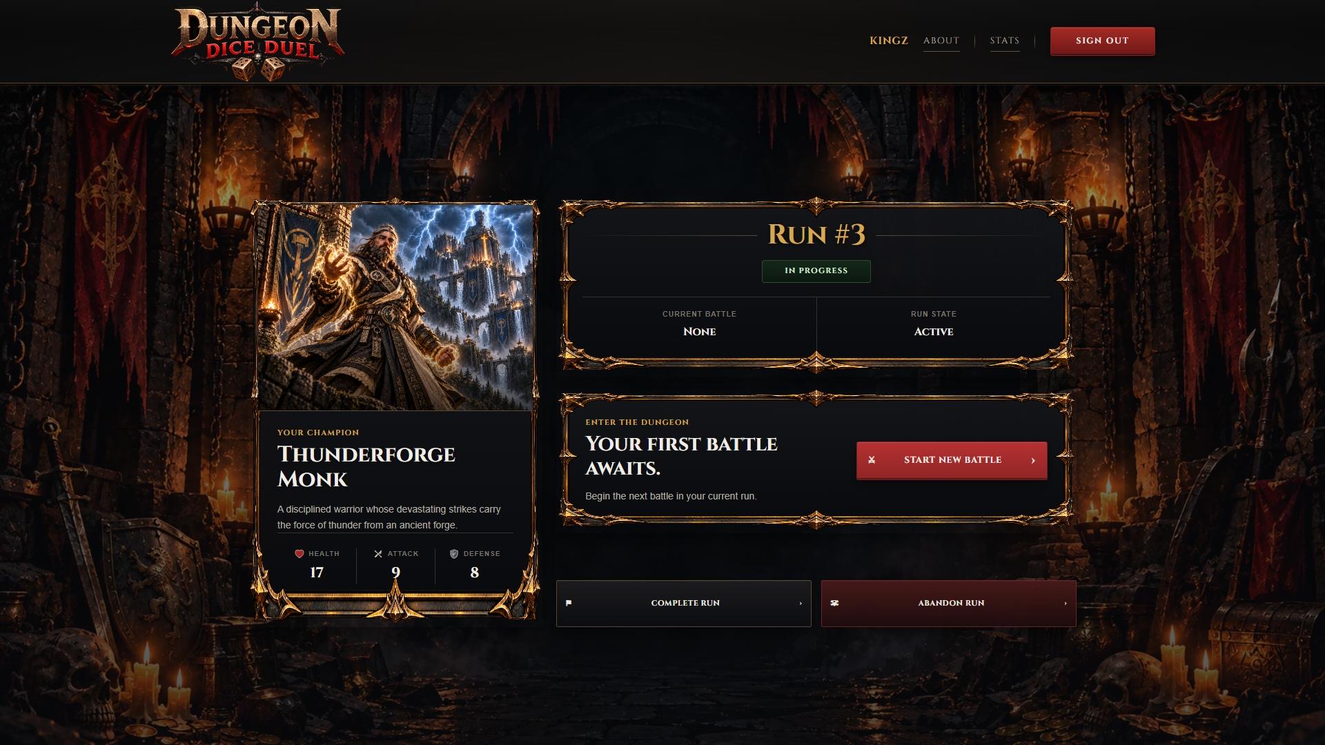 Dungeon Dice Duel active game run showing the selected hero and run progress.