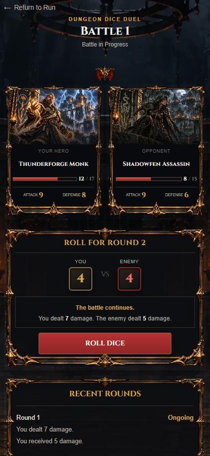 Dungeon Dice Duel gameplay interface displayed in a narrow mobile layout.