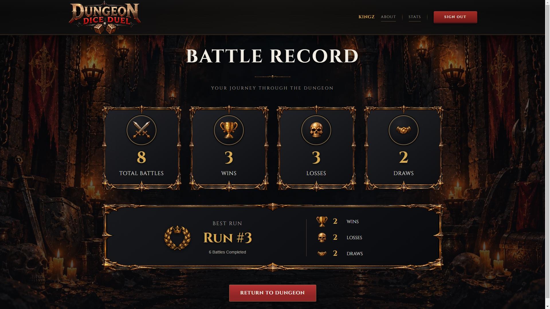 Dungeon Dice Duel player statistics screen displaying battle records.